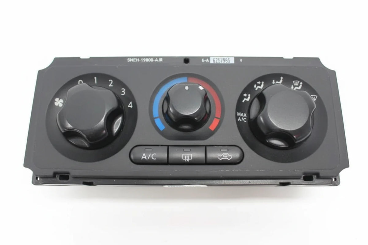 Car air conditioning control panel with dials and buttons on a white background